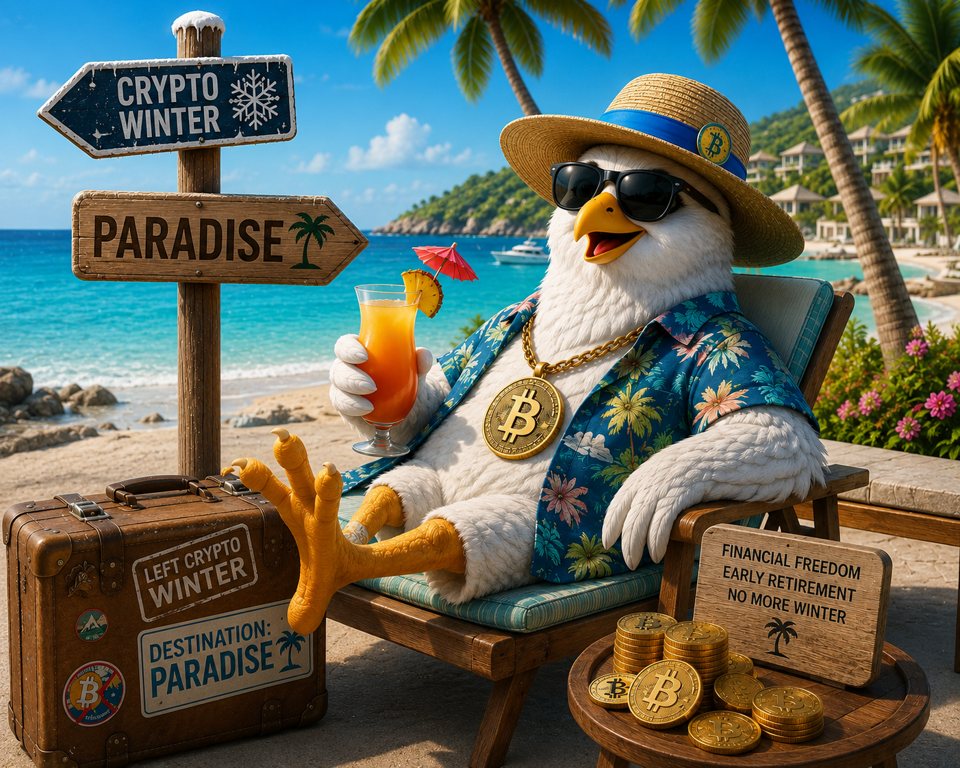 Snowbird, a white bird in a straw hat, sunglasses and hawaiian shirt, lounging in a beach chair with a cocktail beside a signpost pointing away from crypto winter toward paradise