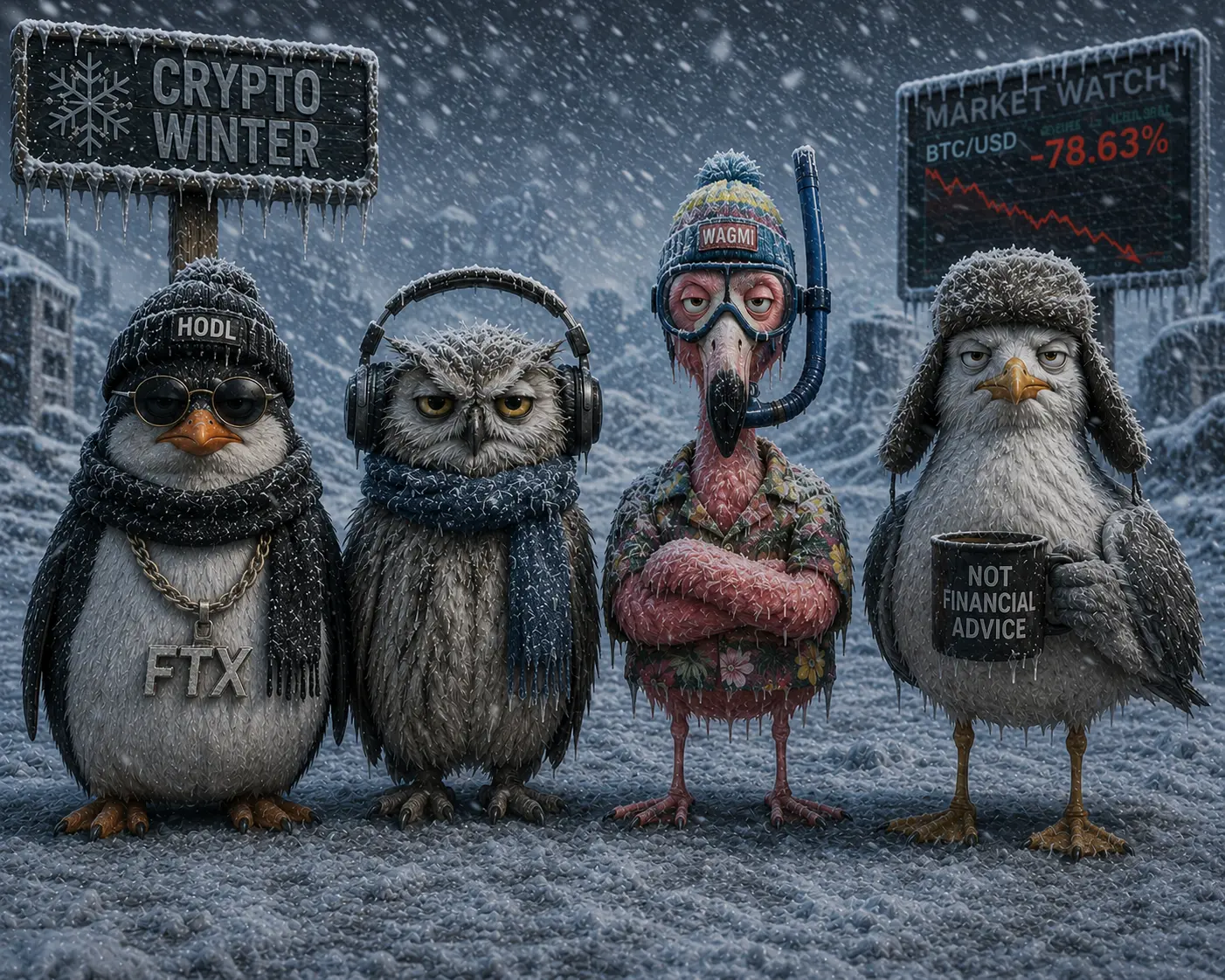 Four birds standing in a blizzard under a Crypto Winter sign: one in a HODL beanie with an FTX chain, an owl in headphones and scarf, a flamingo in a snorkel and hawaiian shirt, and a gull holding a Not Financial Advice mug